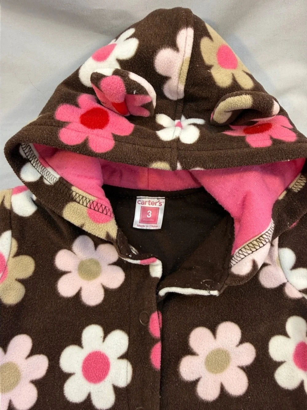 Carter's Brown Floral Fleece Hooded insulated One-Piece Footie with Pink Accents - Picture 2 of 3
